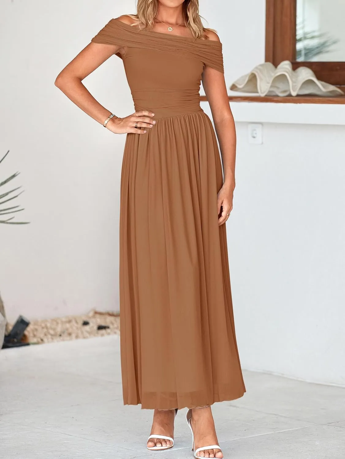 MASCOMODA Women Off The Shoulder Mesh Maxi Dress Bodycon Ruched Formal Sleeveless Pleated Cocktail Wedding Guest Long Dresses