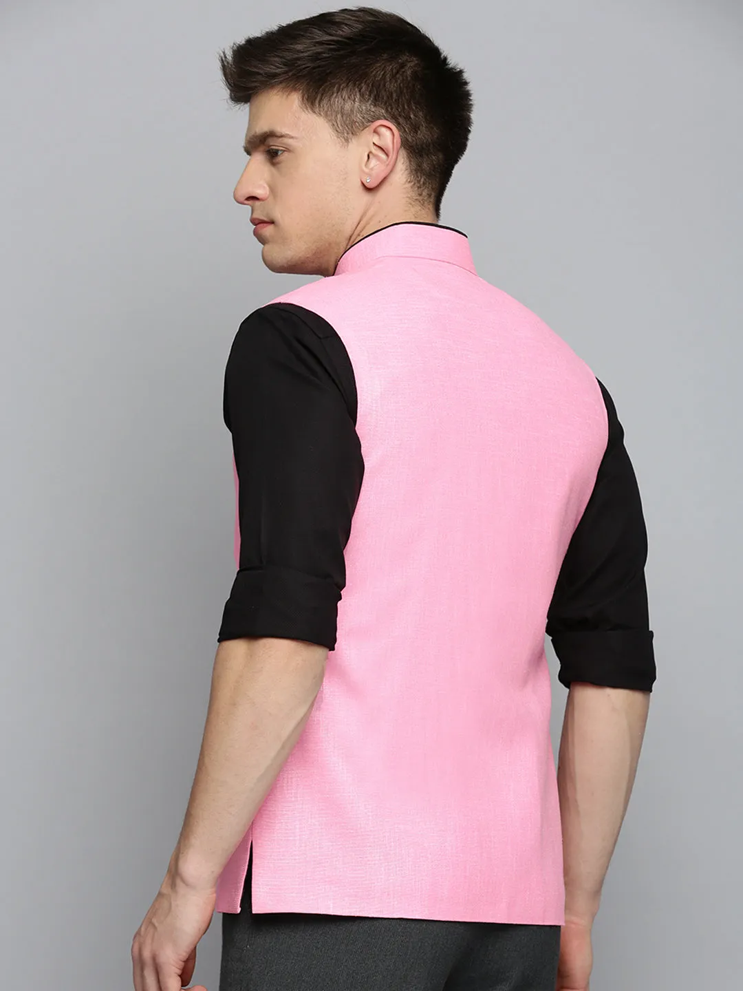 Men Mandarin Collar Solid Fuchsia Nehru Jacket