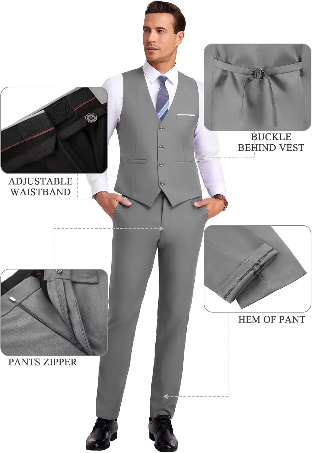 Men Suit 3 Pieces Slim Fit, 2 Buttons Groomsmen Business Jacket Vest Pant Prom Tuxedo with Tie