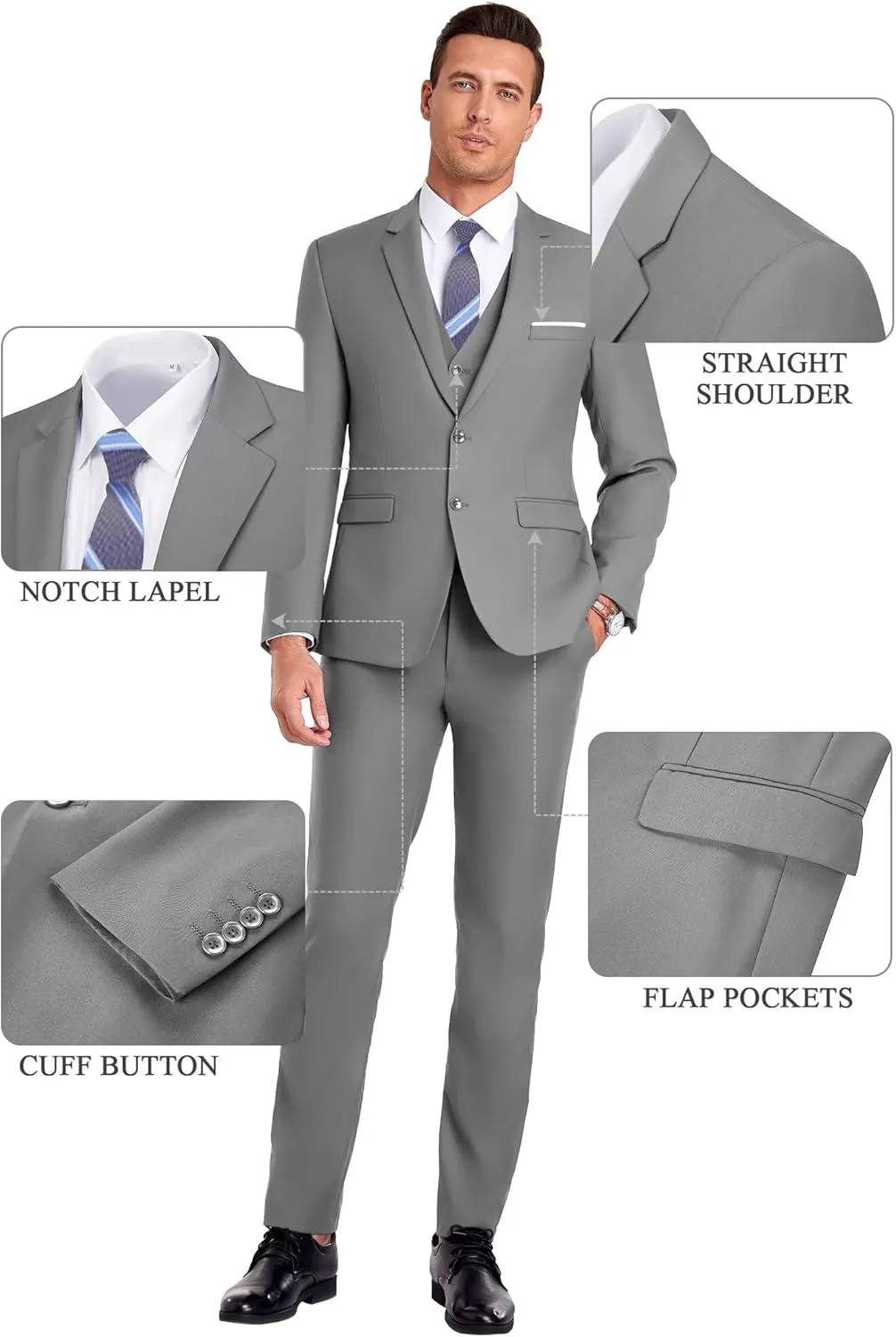 Men Suit 3 Pieces Slim Fit, 2 Buttons Groomsmen Business Jacket Vest Pant Prom Tuxedo with Tie