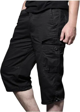 Men's Mid Rise Cotton Capri Hiking Shorts Drawstring Multi Pocket Cargo Shorts 2025 Trendy Elastic Waist Cropped Cargo Pants