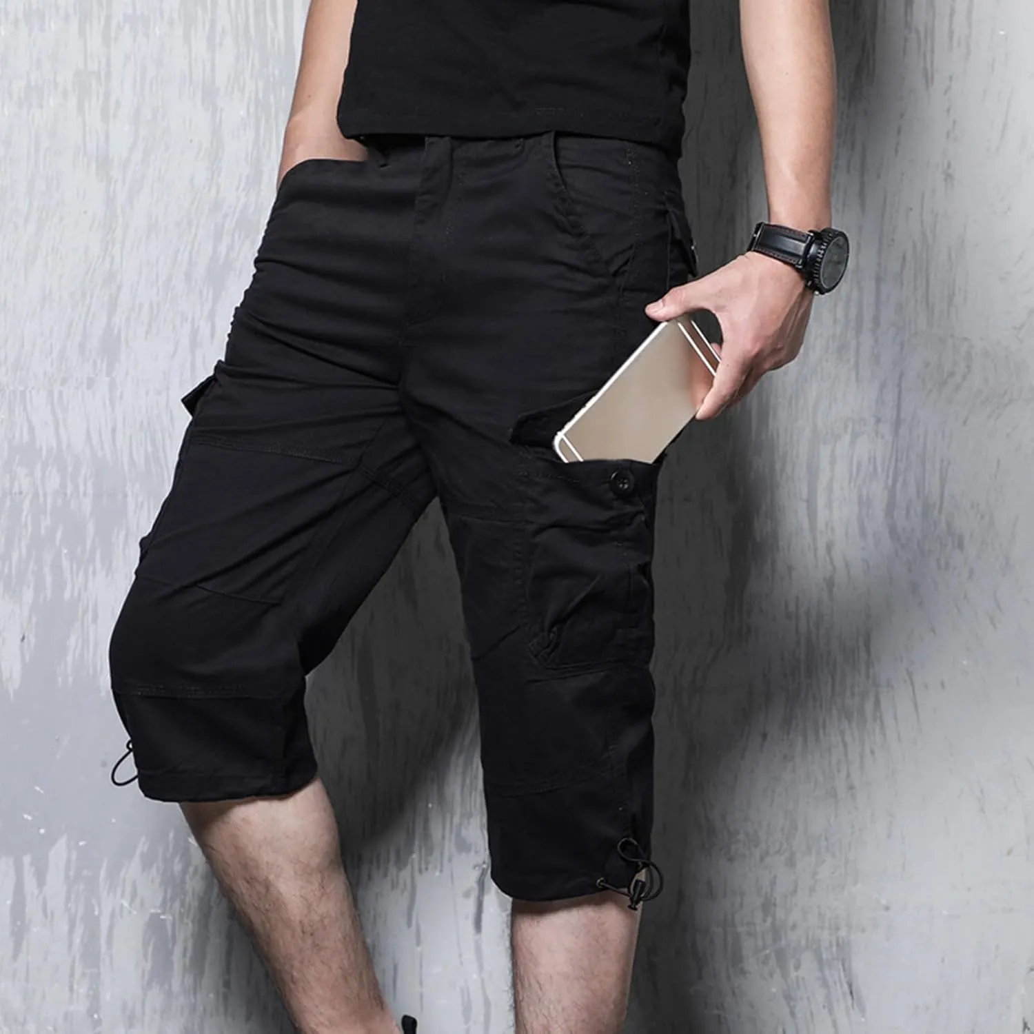 Men's Mid Rise Cotton Capri Hiking Shorts Drawstring Multi Pocket Cargo Shorts 2025 Trendy Elastic Waist Cropped Cargo Pants