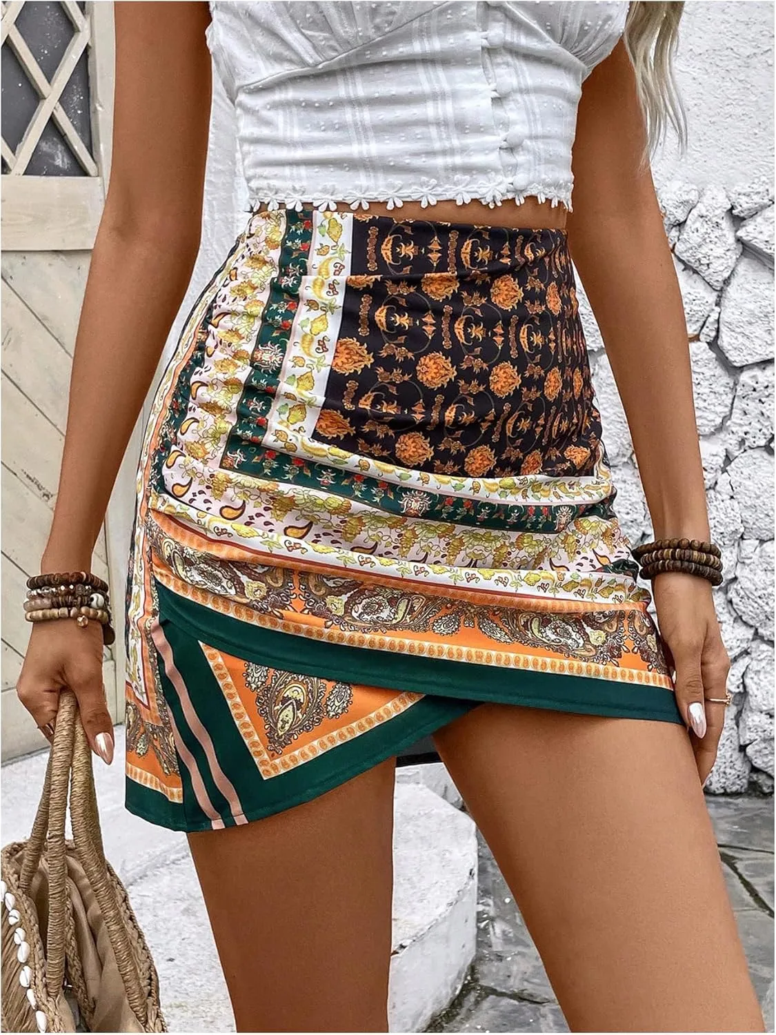 Milumia Women's Floral Paisley Ruched Tulip Hem Wrap High Waist Mini Skirt