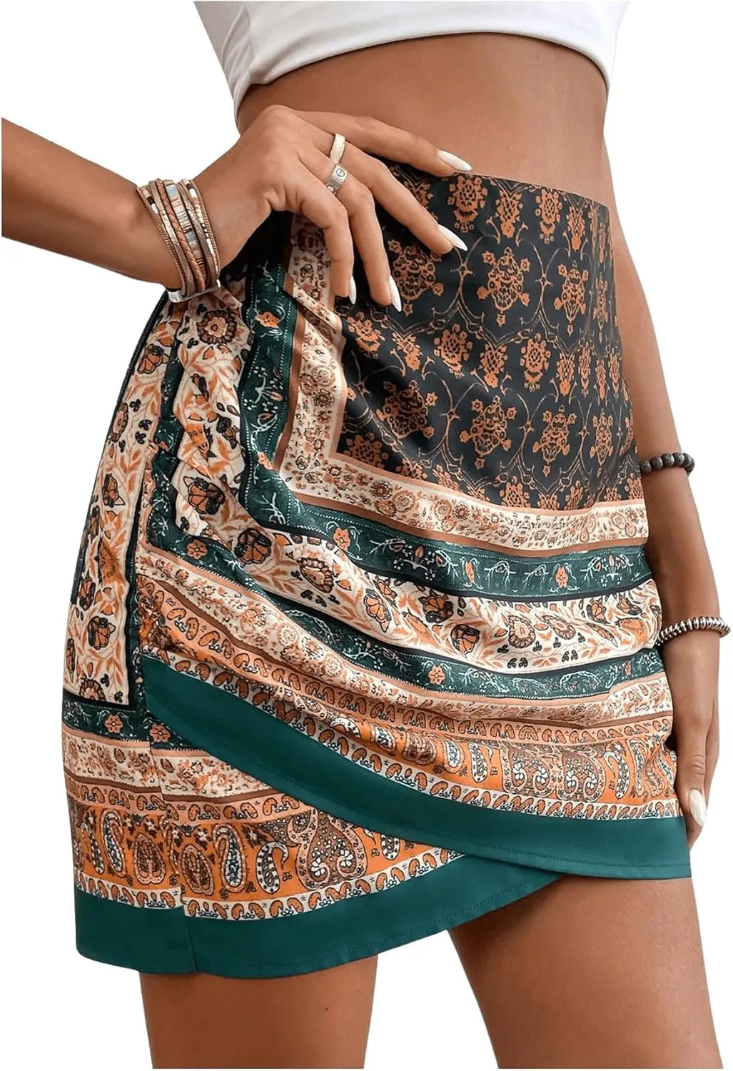 Milumia Women's Floral Paisley Ruched Tulip Hem Wrap High Waist Mini Skirt
