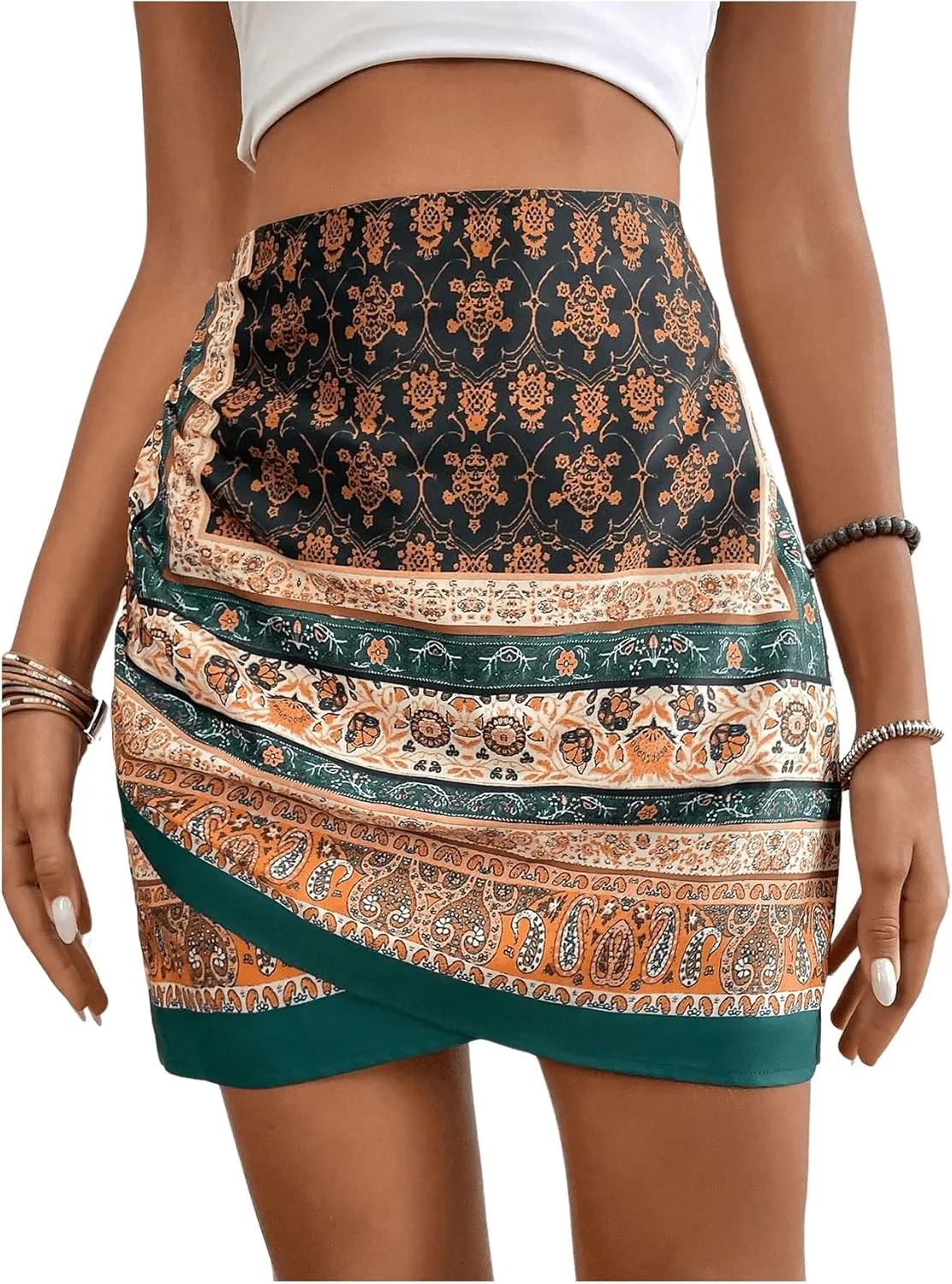 Milumia Women's Floral Paisley Ruched Tulip Hem Wrap High Waist Mini Skirt