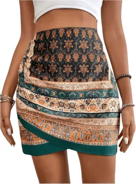 Milumia Women's Floral Paisley Ruched Tulip Hem Wrap High Waist Mini Skirt