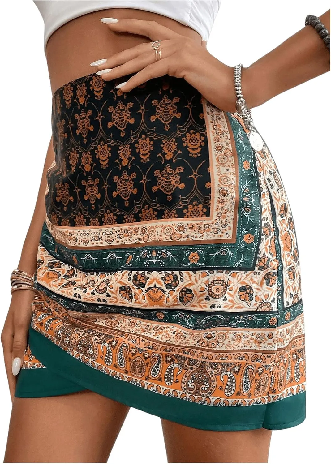 Milumia Women's Floral Paisley Ruched Tulip Hem Wrap High Waist Mini Skirt