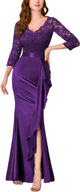 MISSMAY Women's Elegant Floral Lace V-Neck Formal Wedding Maxi Dress