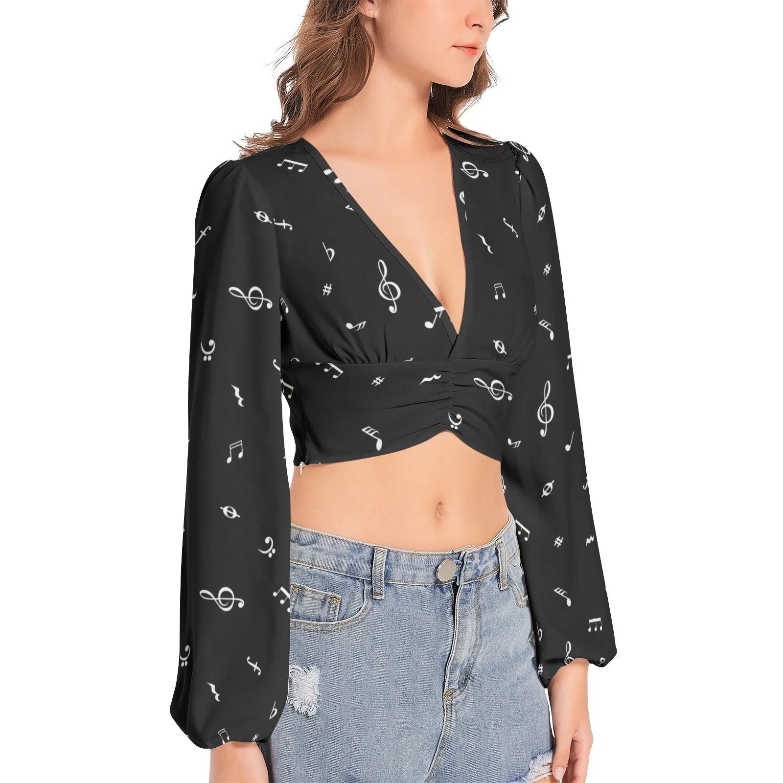 Noteworthy Women's Deep V-Neck Lantern Sleeve Crop Top