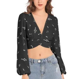 Noteworthy Women's Deep V-Neck Lantern Sleeve Crop Top