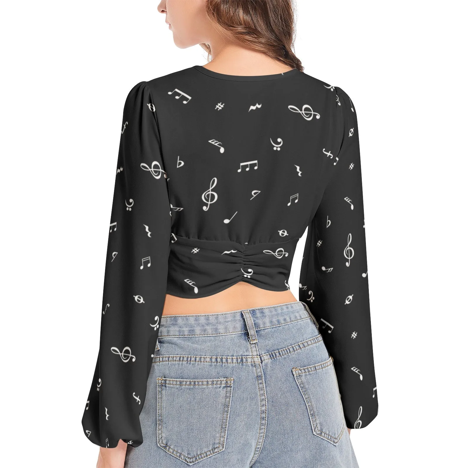 Noteworthy Women's Deep V-Neck Lantern Sleeve Crop Top