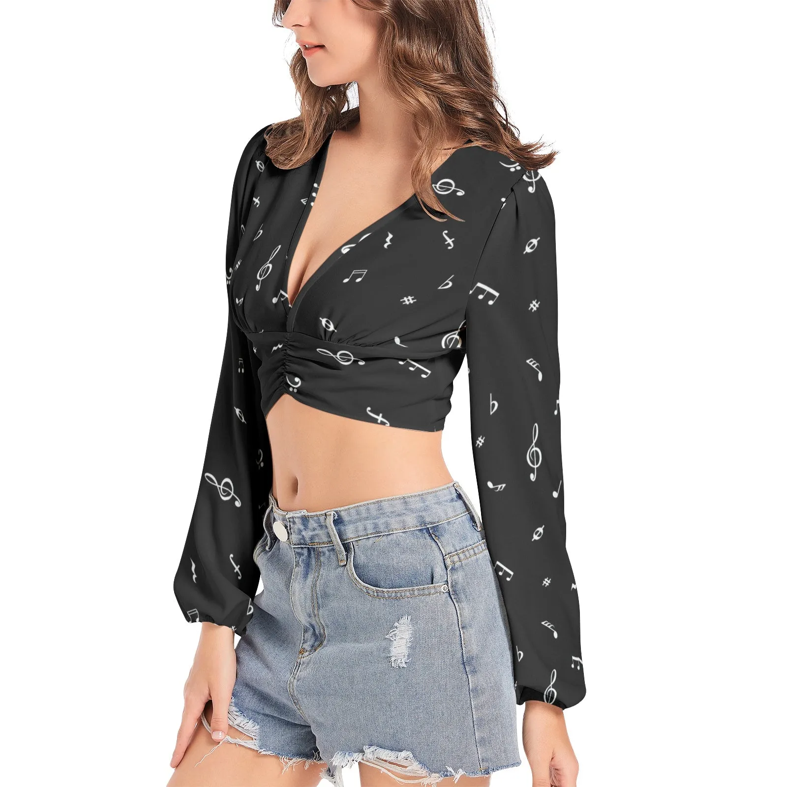Noteworthy Women's Deep V-Neck Lantern Sleeve Crop Top