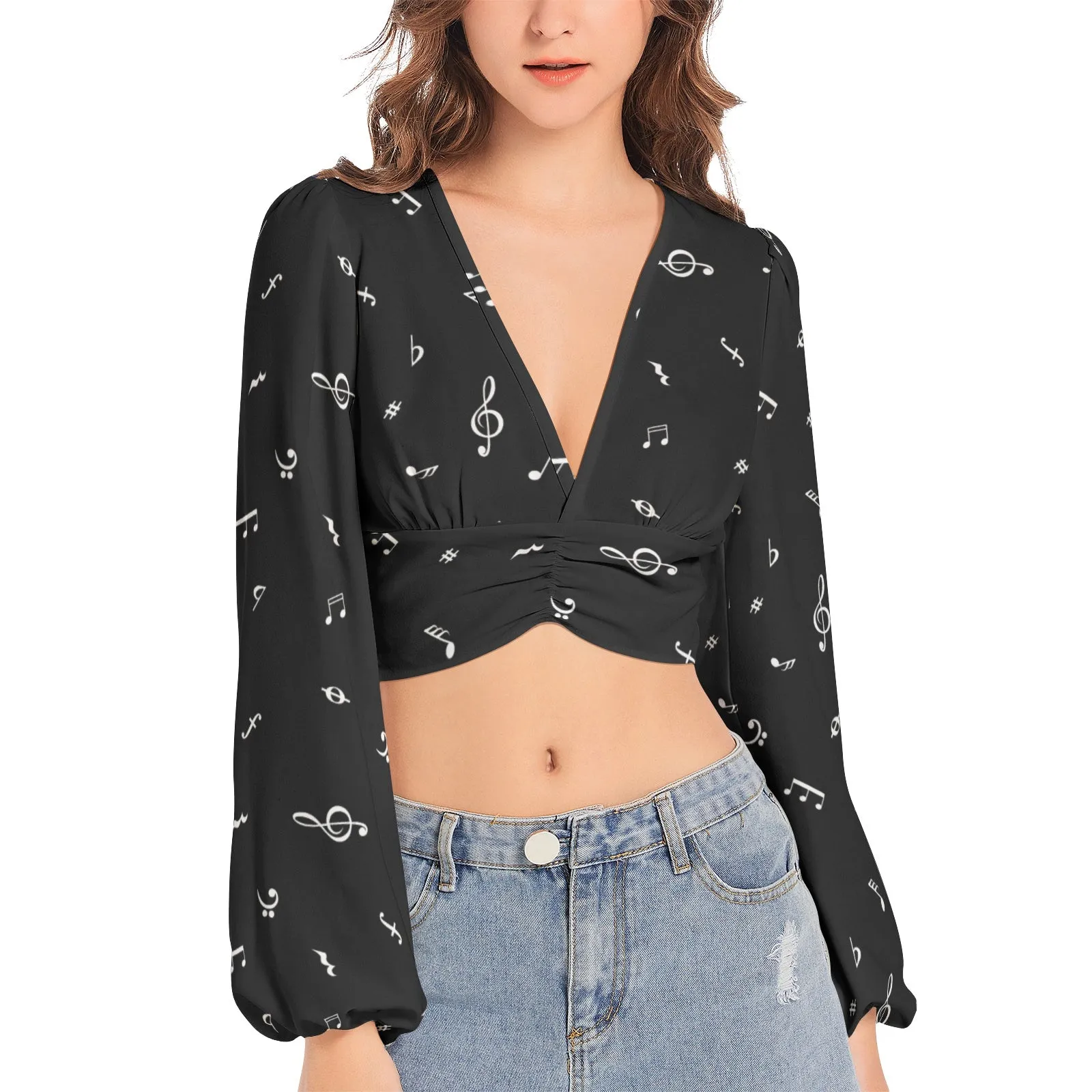 Noteworthy Women's Deep V-Neck Lantern Sleeve Crop Top