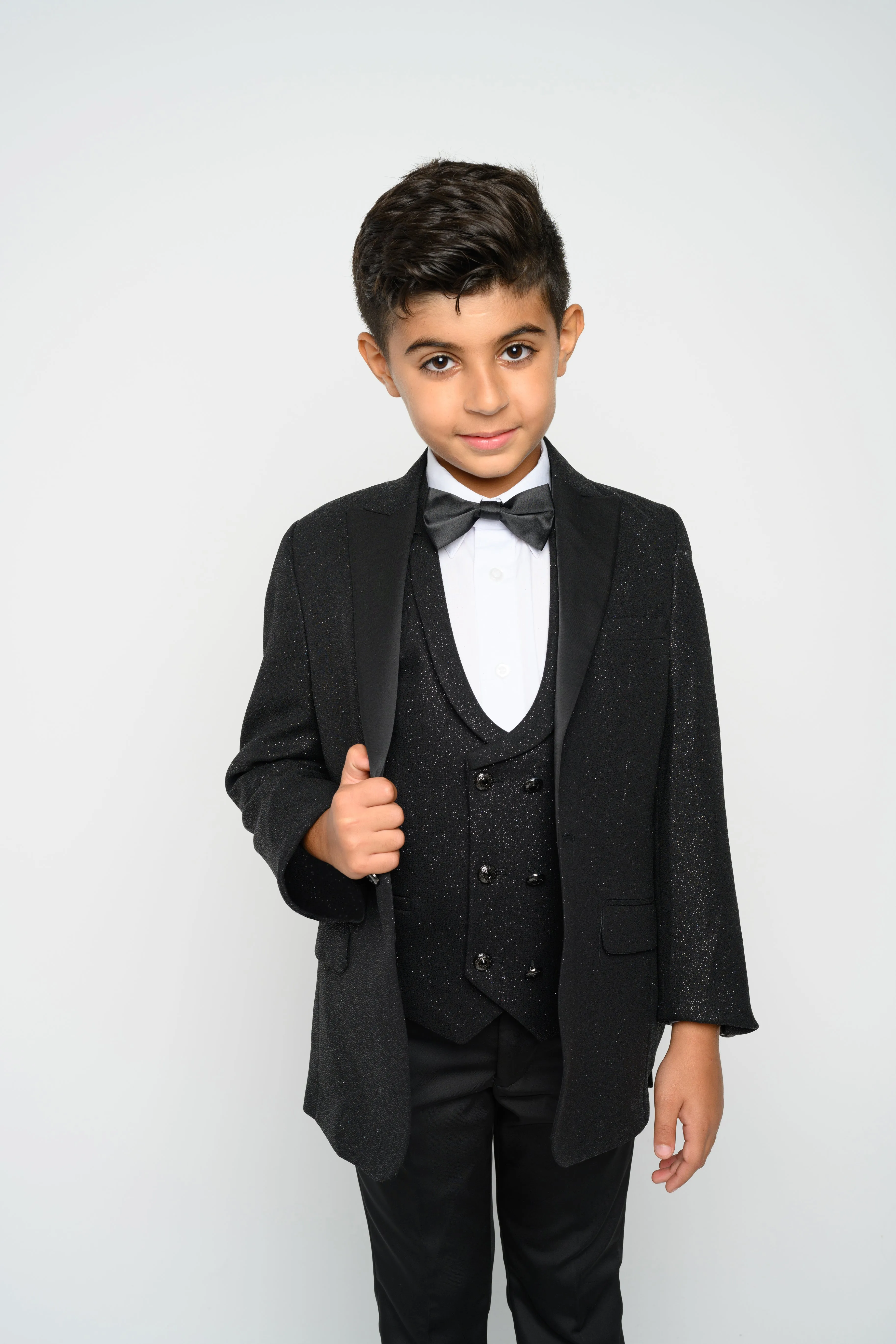 OMC 5-Pieces Boy's Slim Fit Black Modern Sequin Tuxedo Set