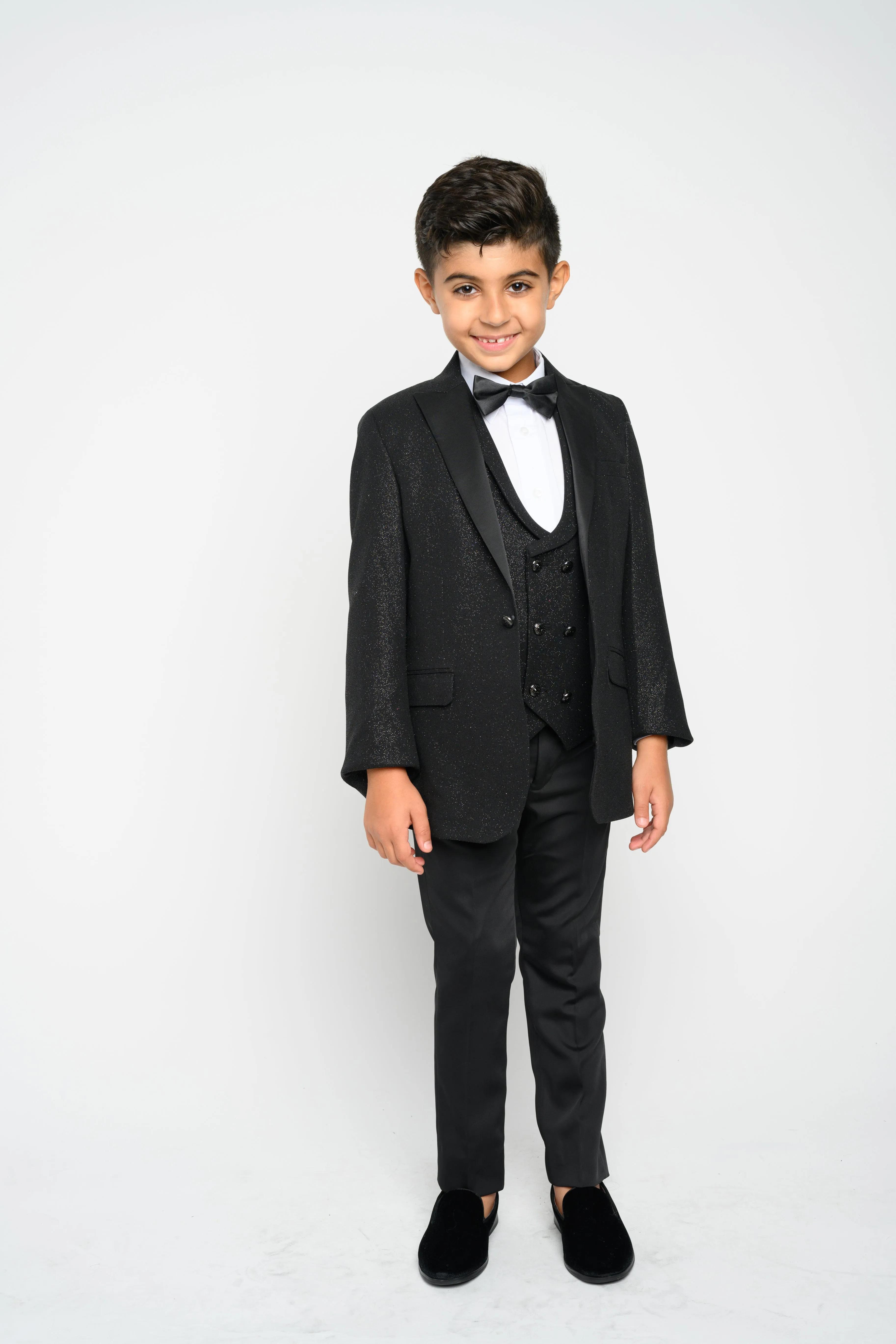 OMC 5-Pieces Boy's Slim Fit Black Modern Sequin Tuxedo Set