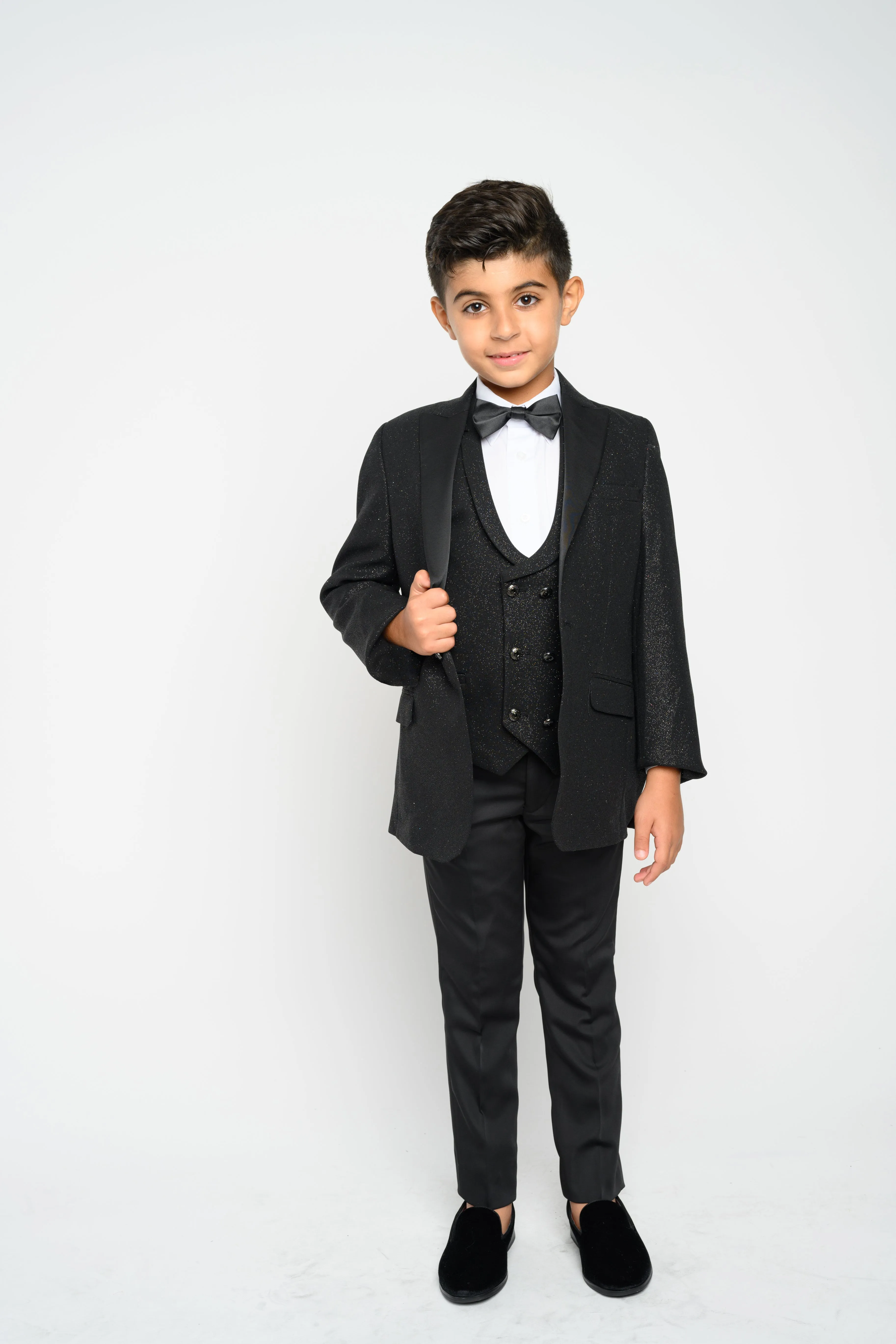 OMC 5-Pieces Boy's Slim Fit Black Modern Sequin Tuxedo Set