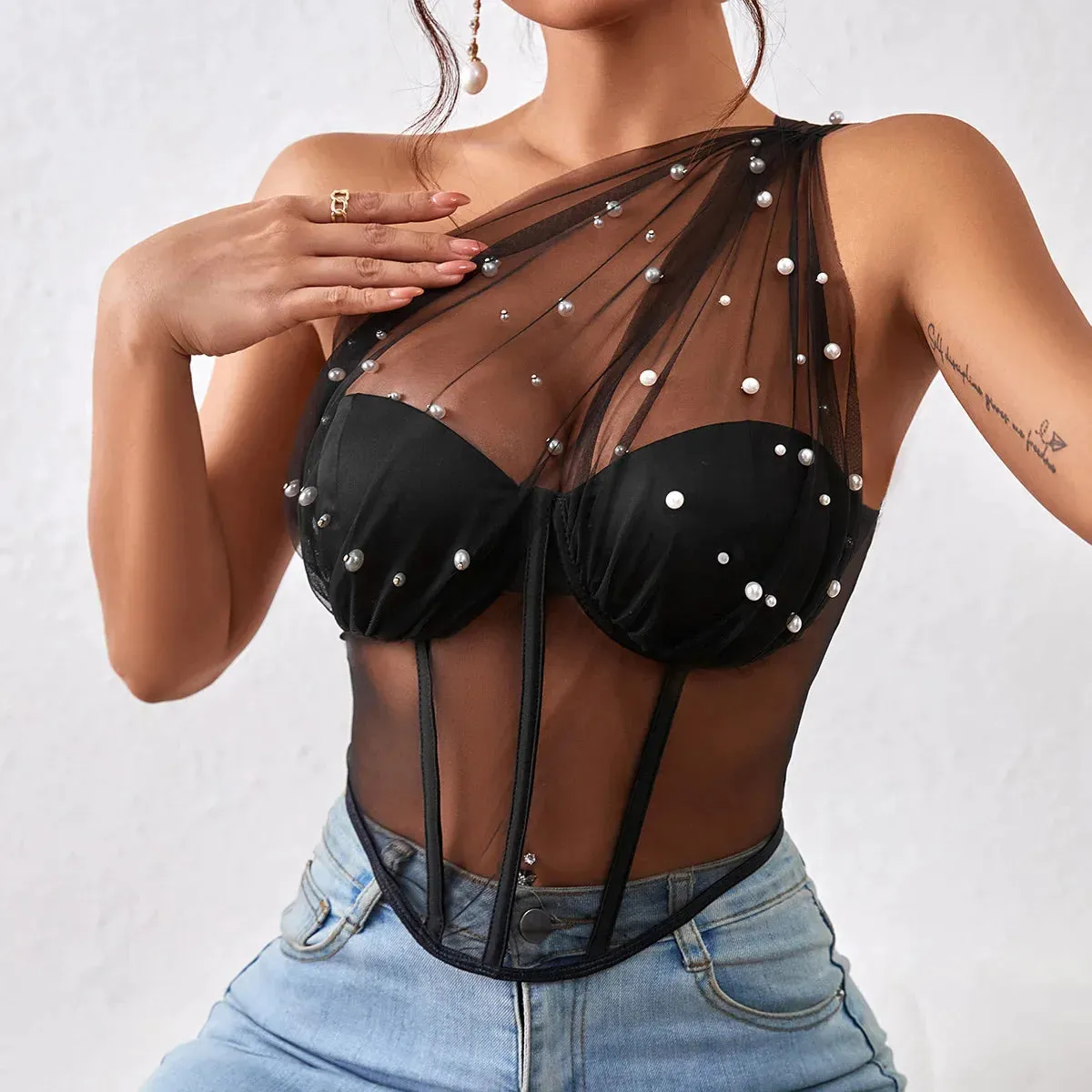 One Shoulder Elegance Vintage Mesh Bustier Crop Top
