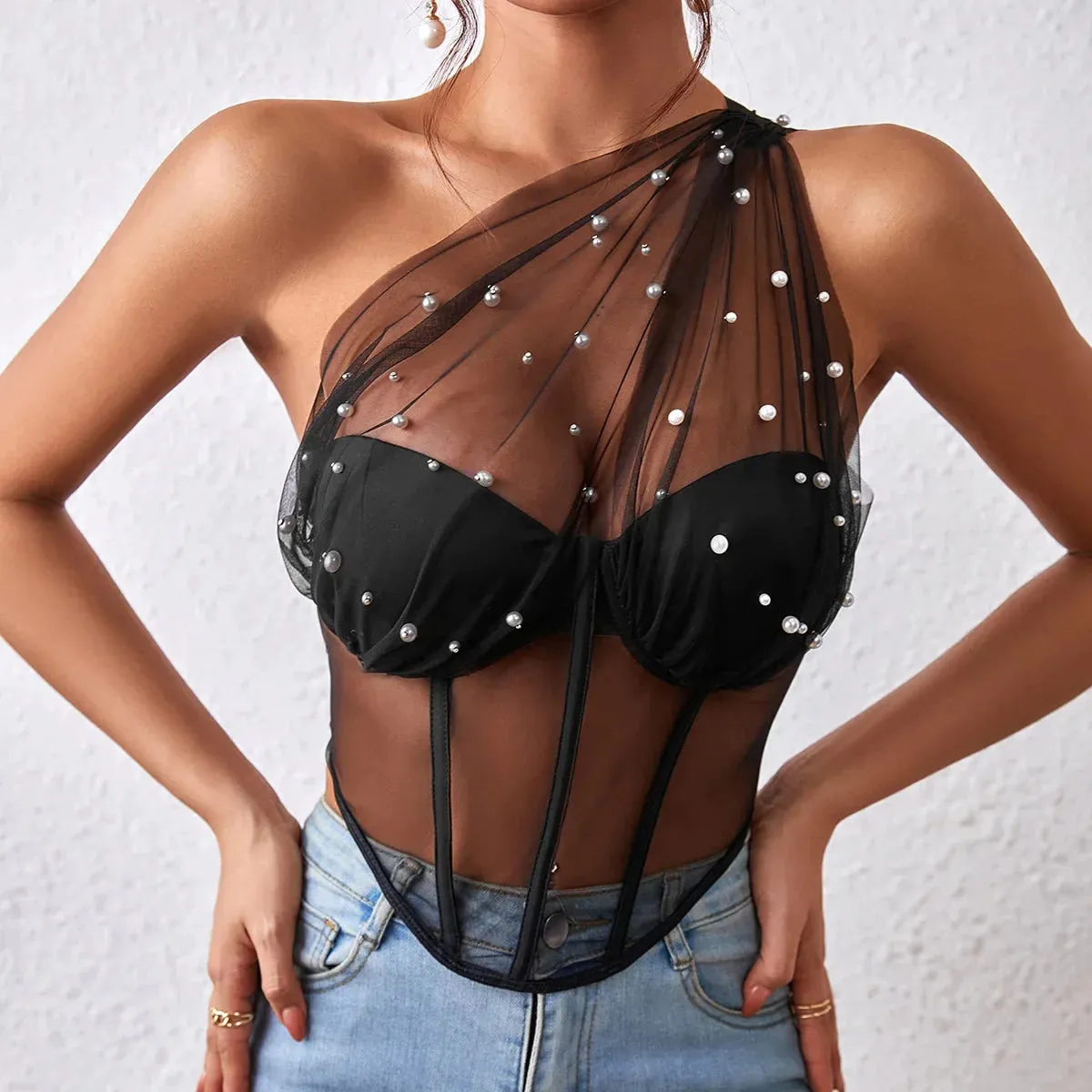 One Shoulder Elegance Vintage Mesh Bustier Crop Top