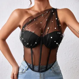 One Shoulder Elegance Vintage Mesh Bustier Crop Top