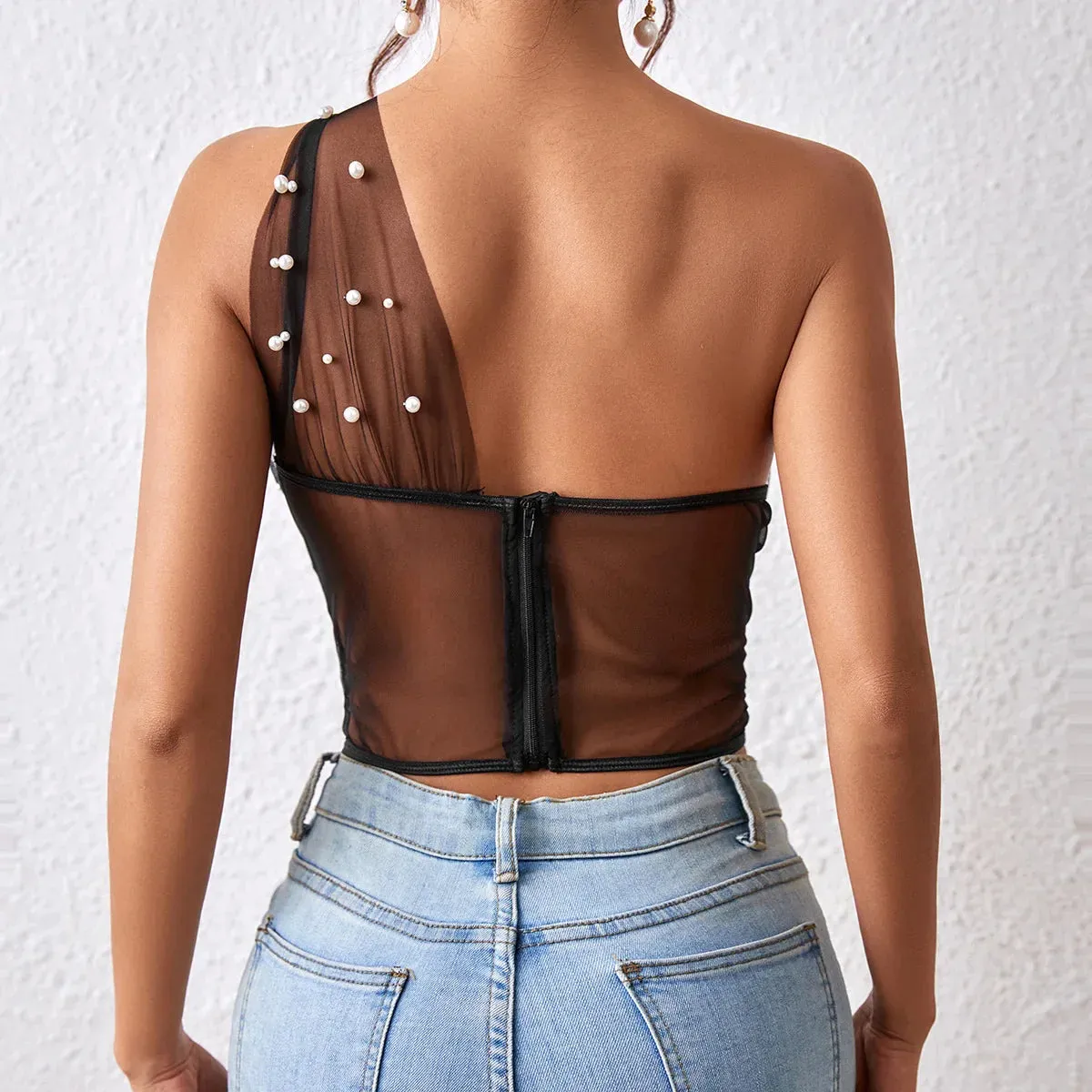 One Shoulder Elegance Vintage Mesh Bustier Crop Top