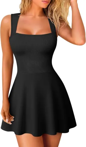 OQQ Women's Square Neck A-line Dress Sleeveless Tank Top Stretch Flare Mini Dresses