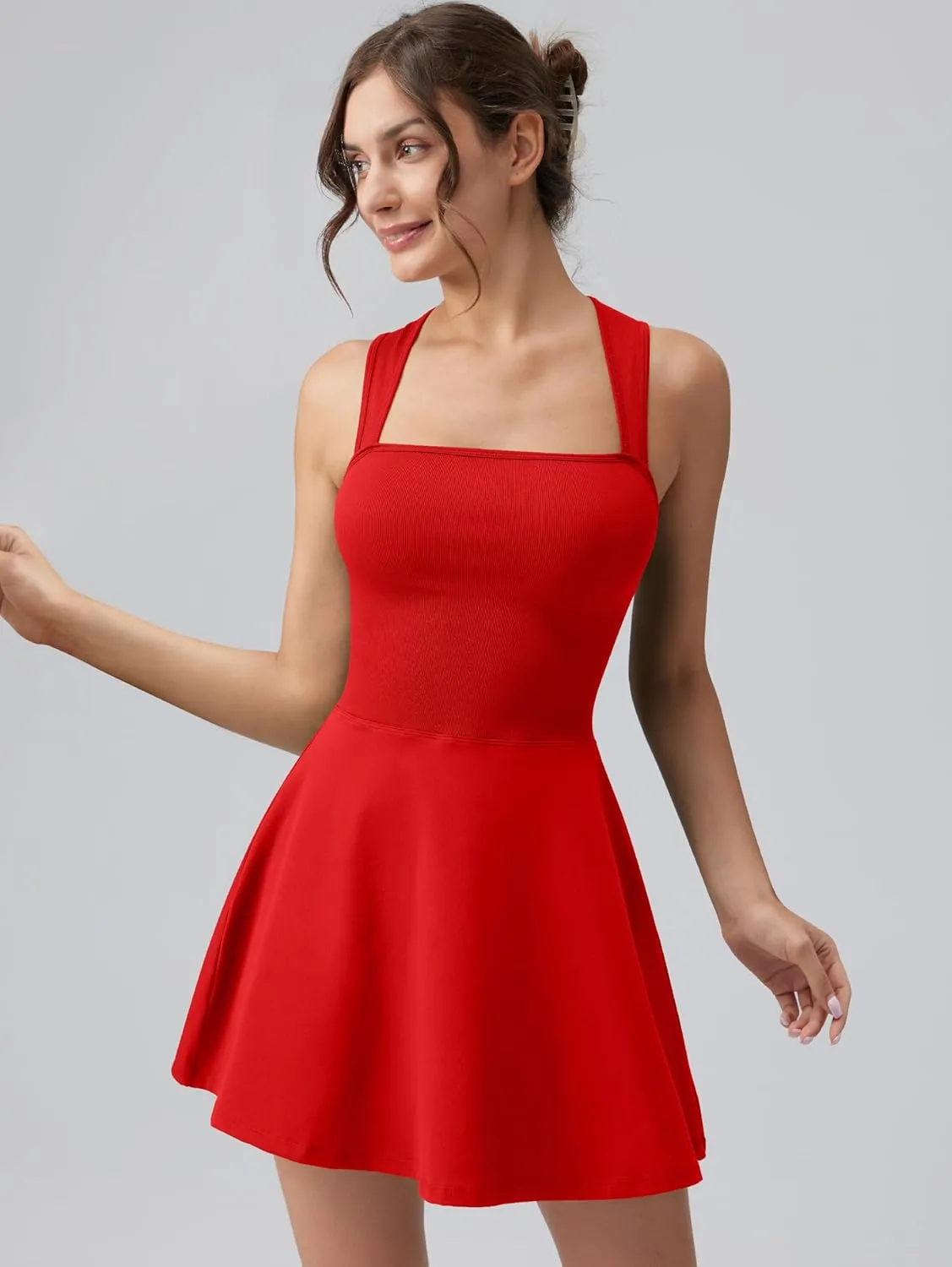OQQ Women's Square Neck A-line Dress Sleeveless Tank Top Stretch Flare Mini Dresses