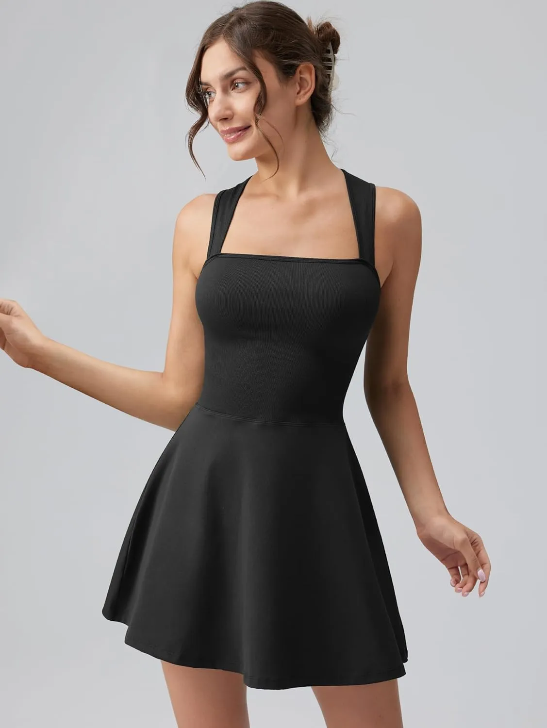 OQQ Women's Square Neck A-line Dress Sleeveless Tank Top Stretch Flare Mini Dresses