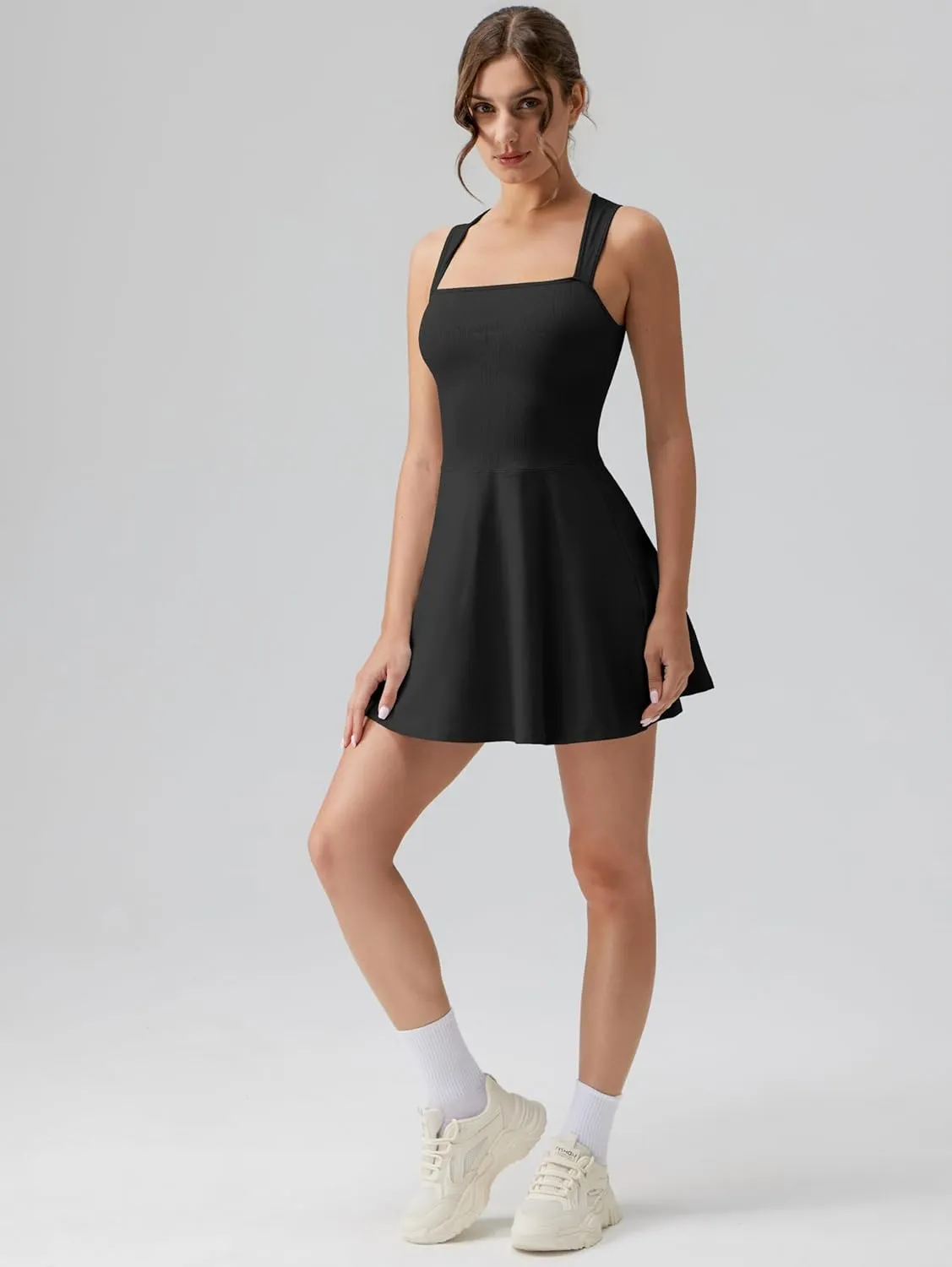 OQQ Women's Square Neck A-line Dress Sleeveless Tank Top Stretch Flare Mini Dresses