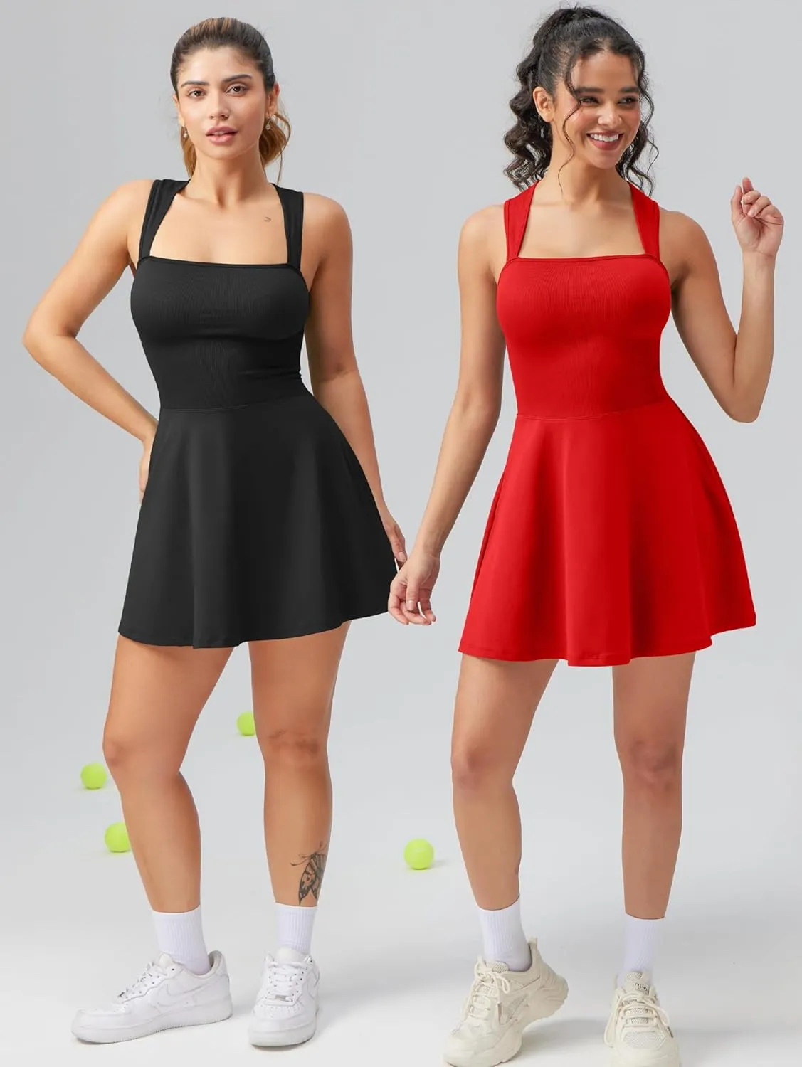 OQQ Women's Square Neck A-line Dress Sleeveless Tank Top Stretch Flare Mini Dresses