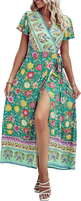PRETTYGARDEN Women Boho Summer Side Split Deep V Neck Short Sleeves Maxi Dress with Belt