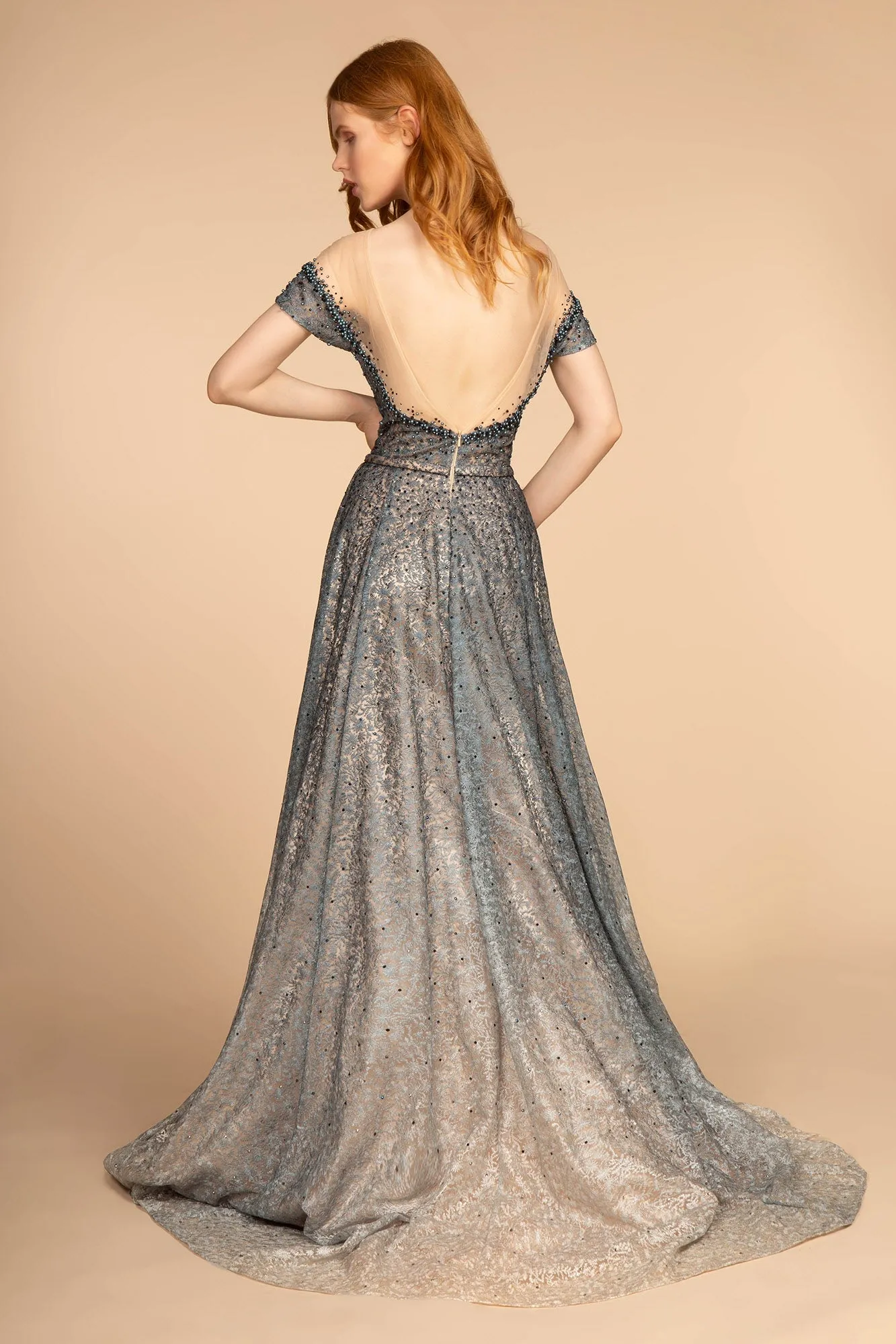Sheer Bodice Beads Embellished Lace Ombre Dress V-Back GLGL2558