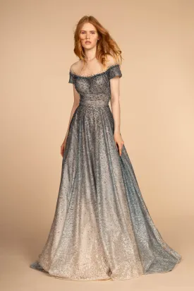 Sheer Bodice Beads Embellished Lace Ombre Dress V-Back GLGL2558