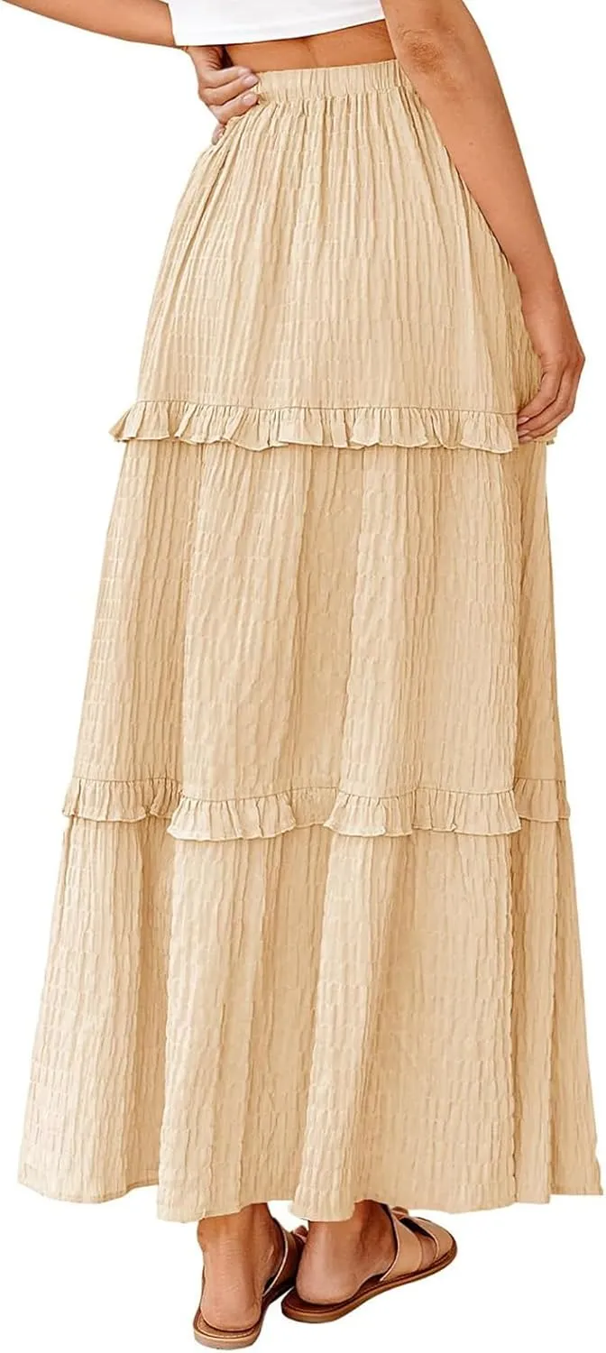 Summer Maxi Skirts for Women Casual High Waisted Drawstring Skirts Elegant Flowy Tiered Ruffle Hem A Line Long Skirt