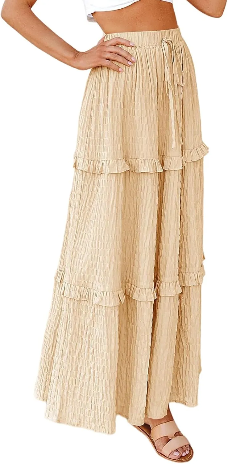 Summer Maxi Skirts for Women Casual High Waisted Drawstring Skirts Elegant Flowy Tiered Ruffle Hem A Line Long Skirt