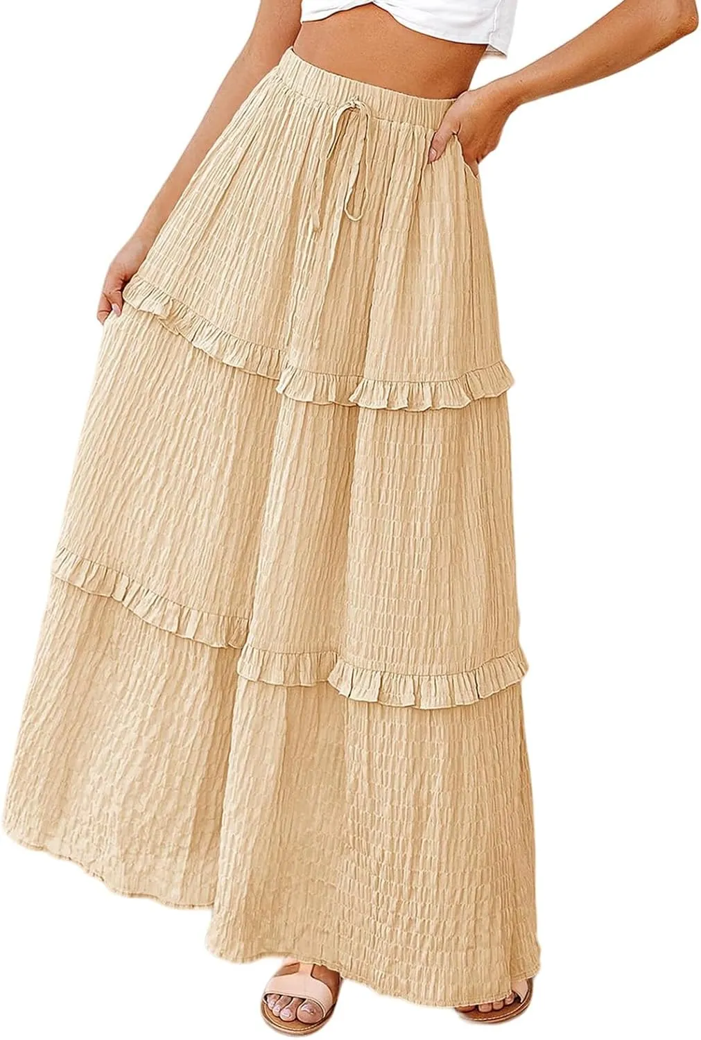 Summer Maxi Skirts for Women Casual High Waisted Drawstring Skirts Elegant Flowy Tiered Ruffle Hem A Line Long Skirt