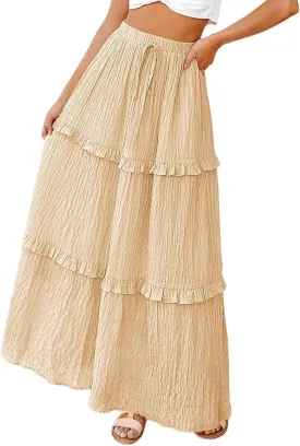 Summer Maxi Skirts for Women Casual High Waisted Drawstring Skirts Elegant Flowy Tiered Ruffle Hem A Line Long Skirt