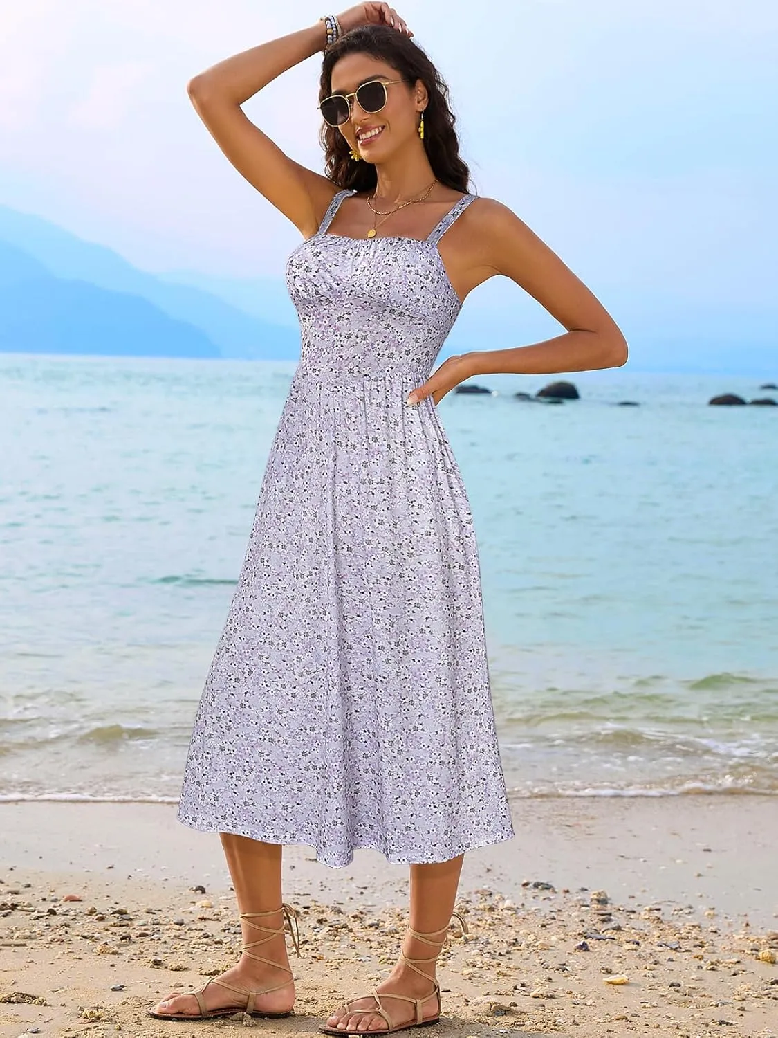 Sureple Long Dresses for Women 2025 Sleeveless Ruched Bust Swing Aline Fitted Spaghetti Strap Sundress with Pockets