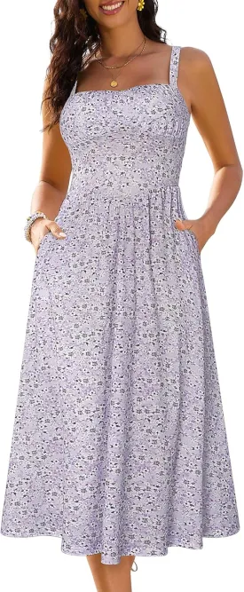 Sureple Long Dresses for Women 2025 Sleeveless Ruched Bust Swing Aline Fitted Spaghetti Strap Sundress with Pockets