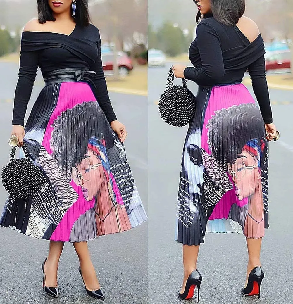 ThusFar Women's Graffiti Pleated Skirts Cartoon Printed Elastic Waist A-Line Swing Midi Skirt