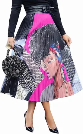 ThusFar Women's Graffiti Pleated Skirts Cartoon Printed Elastic Waist A-Line Swing Midi Skirt