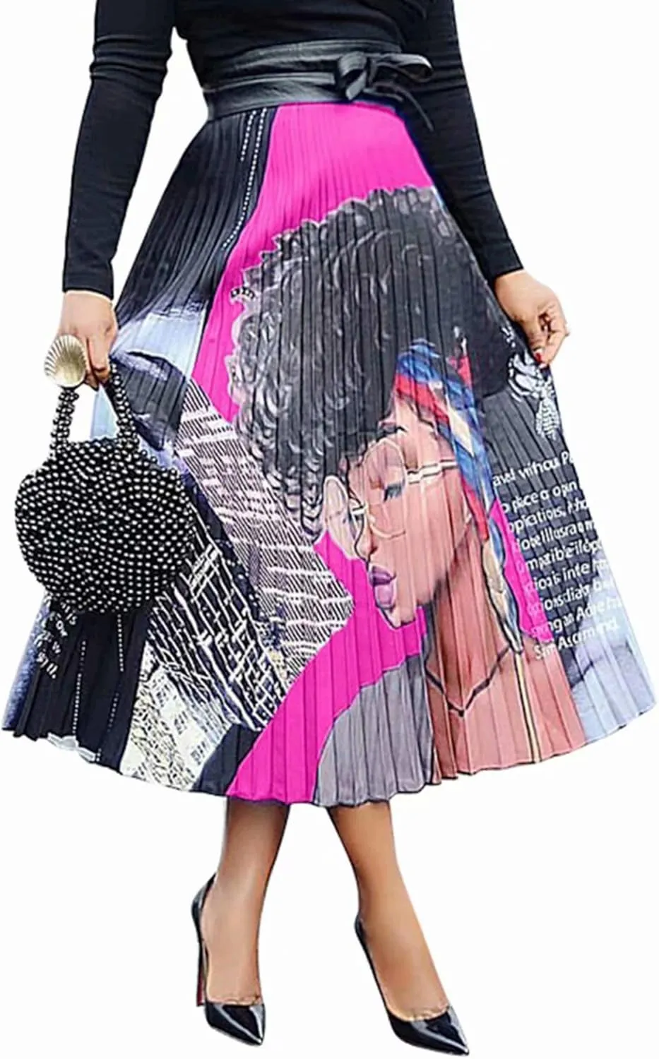 ThusFar Women's Graffiti Pleated Skirts Cartoon Printed Elastic Waist A-Line Swing Midi Skirt