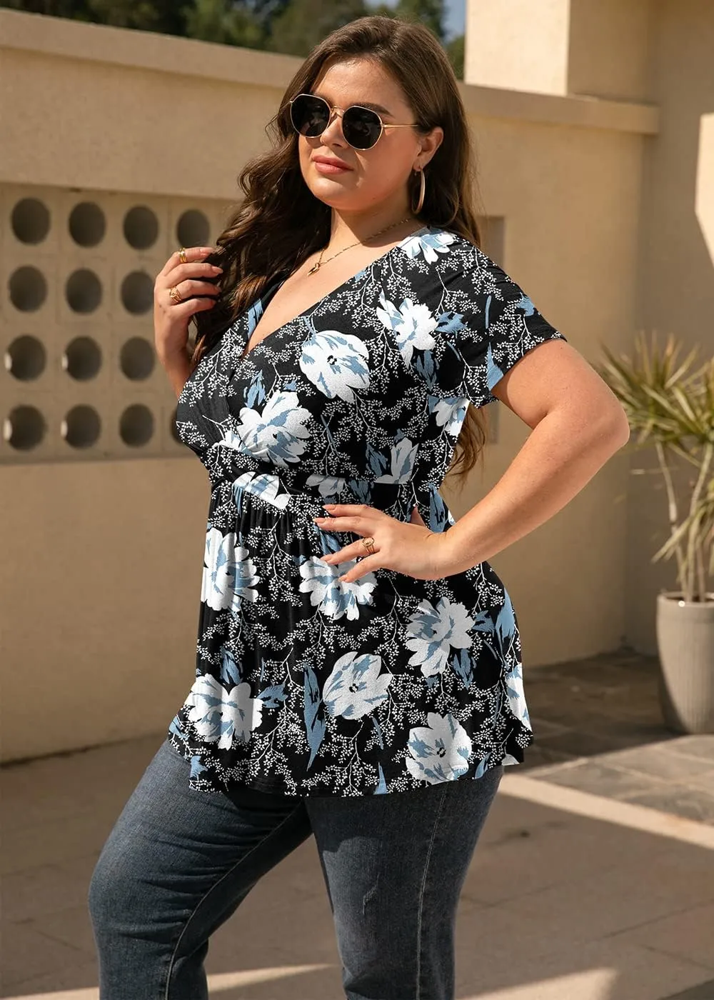 TIANZHU Women's Plus Size Dressy Tops Wrap Shirt Short Sleeve Tunic Top V Neck Low Cut Cute Blouse