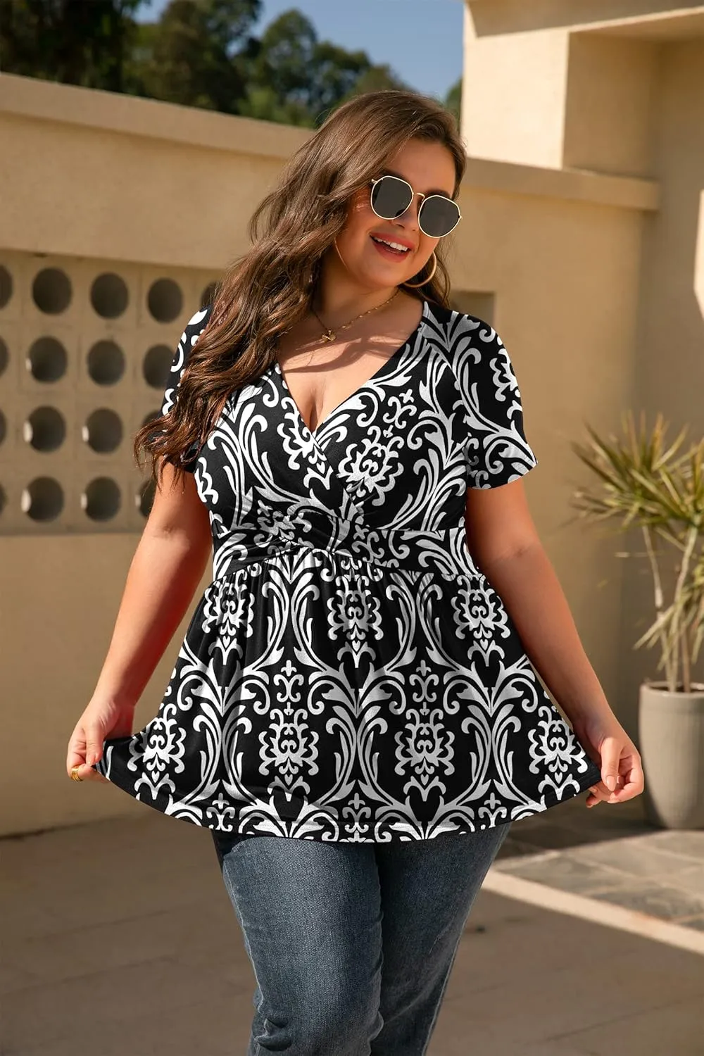 TIANZHU Women's Plus Size Dressy Tops Wrap Shirt Short Sleeve Tunic Top V Neck Low Cut Cute Blouse