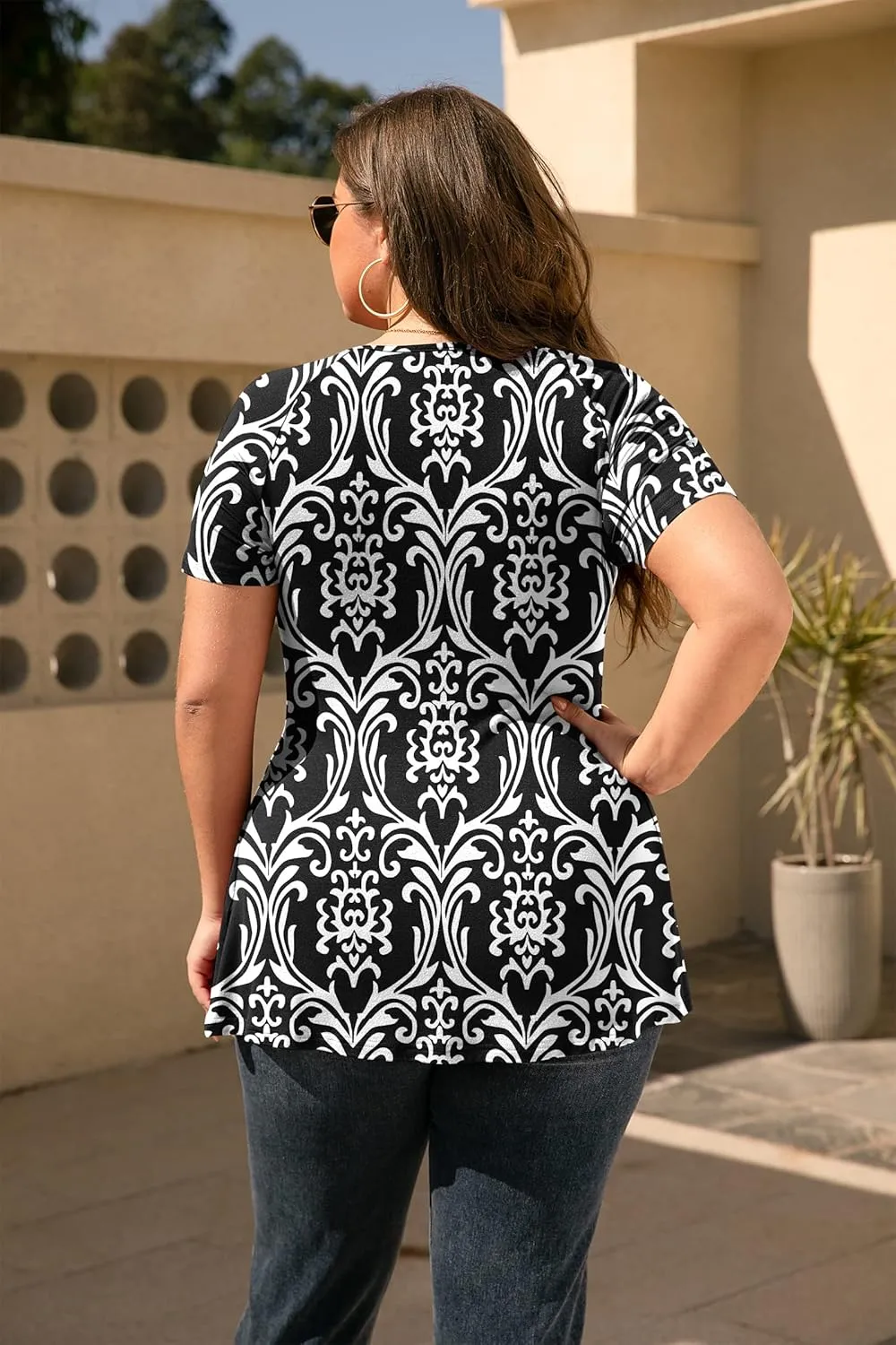 TIANZHU Women's Plus Size Dressy Tops Wrap Shirt Short Sleeve Tunic Top V Neck Low Cut Cute Blouse