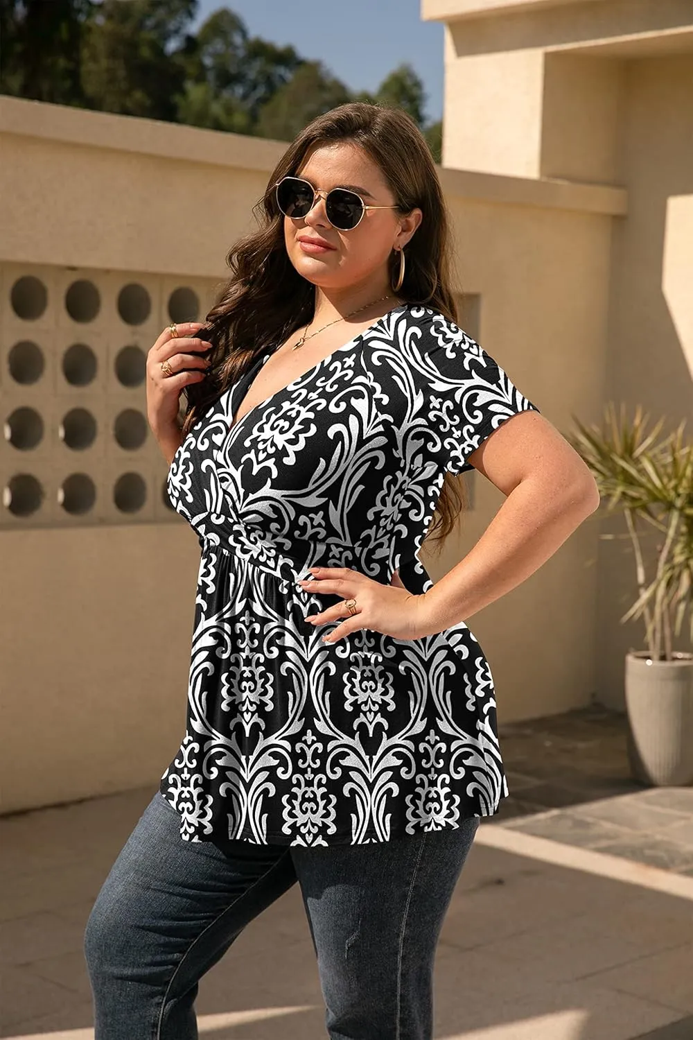 TIANZHU Women's Plus Size Dressy Tops Wrap Shirt Short Sleeve Tunic Top V Neck Low Cut Cute Blouse