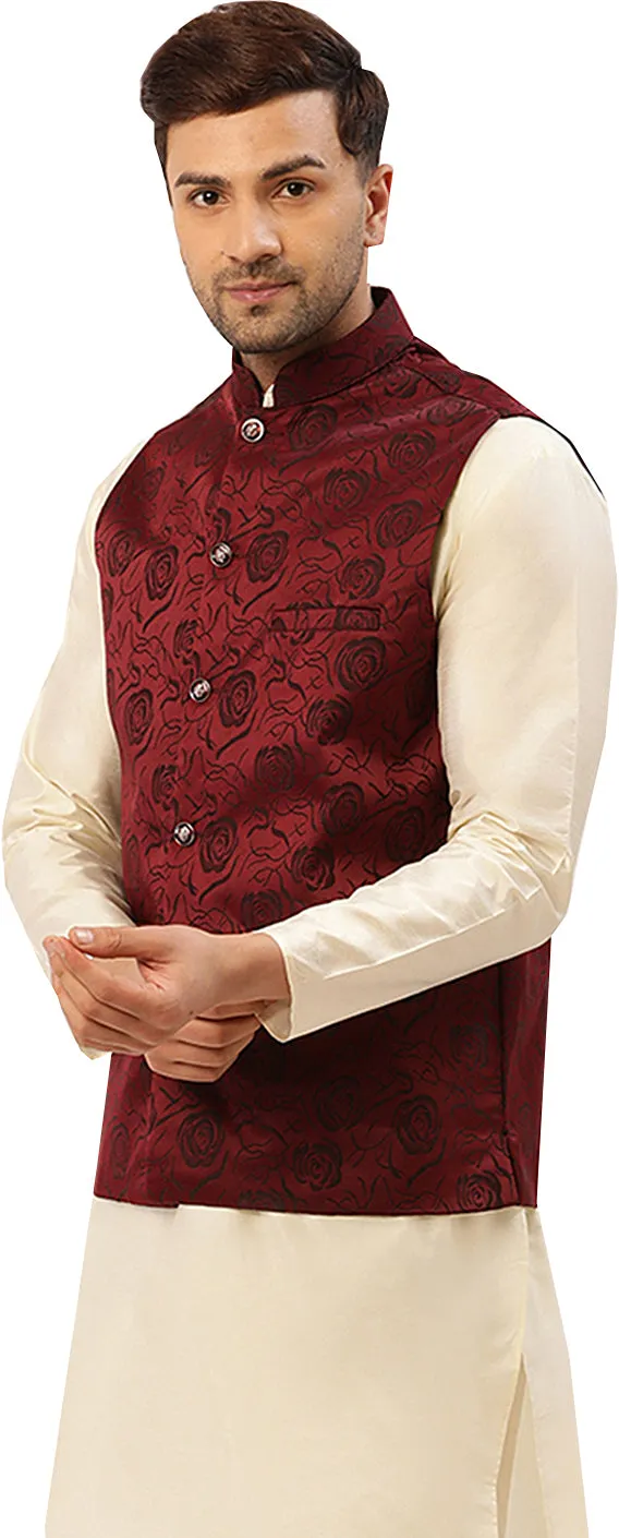 Traditional Indian Nehru Jacket for Men with Mandarin Collar - Floral Design (Maroon)
