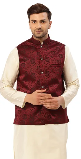 Traditional Indian Nehru Jacket for Men with Mandarin Collar - Floral Design (Maroon)