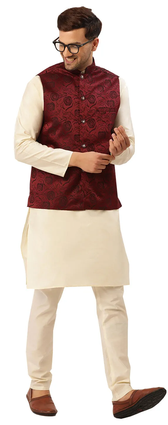 Traditional Indian Nehru Jacket for Men with Mandarin Collar - Floral Design (Maroon)