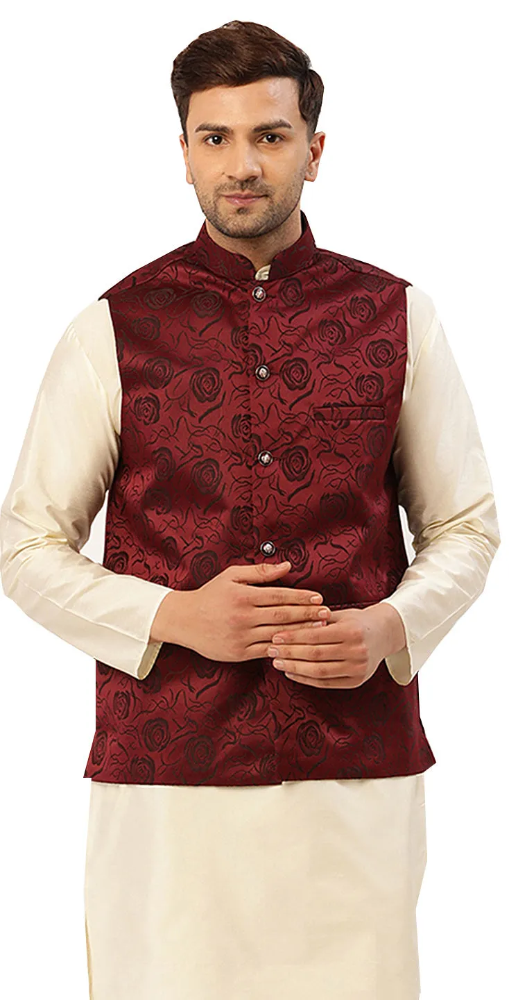 Traditional Indian Nehru Jacket for Men with Mandarin Collar - Floral Design (Maroon)