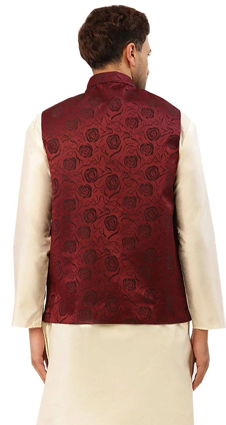 Traditional Indian Nehru Jacket for Men with Mandarin Collar - Floral Design (Maroon)